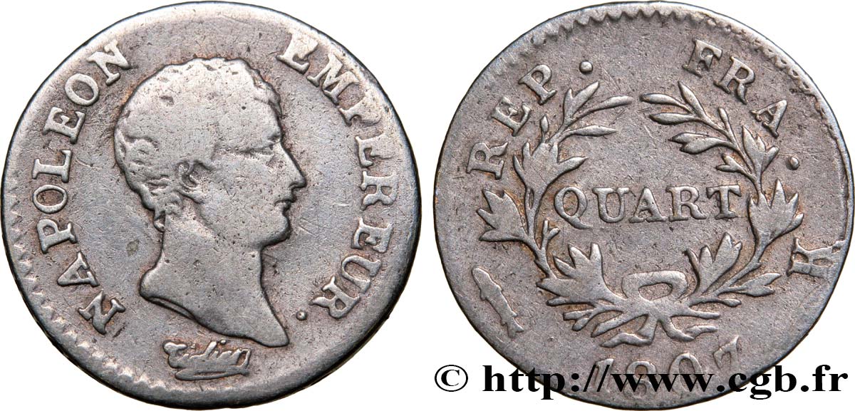 Quart (de franc) Napoléon Empereur, Calendrier grégorien 1807 Bordeaux F.159/7 TB20 