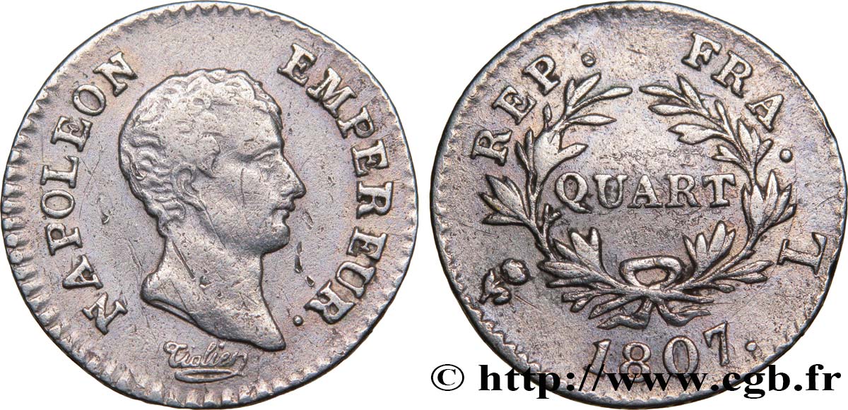 Quart (de franc) Napoléon Empereur, Calendrier grégorien 1807 Bayonne F.159/8 VF35 