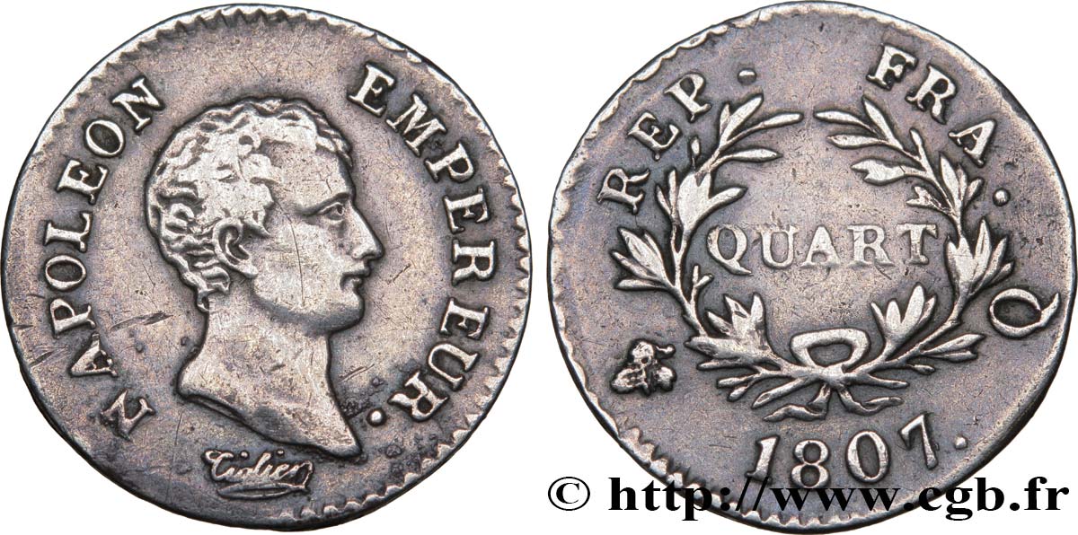 Quart (de franc) Napoléon Empereur, Calendrier grégorien 1807 Perpignan F.159/10 MBC40 