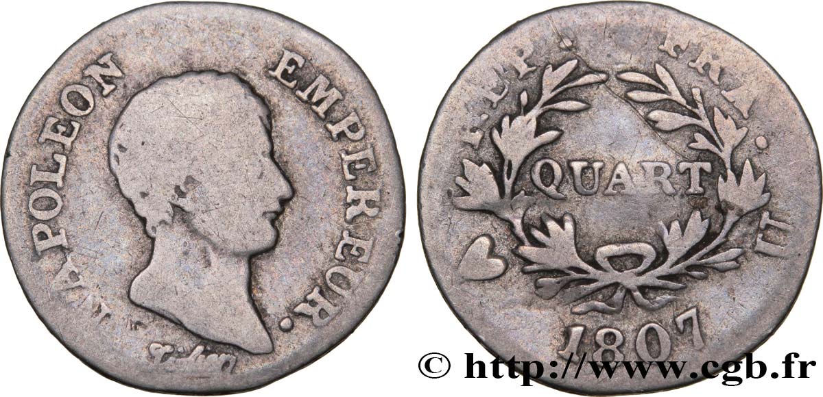 Quart (de franc) Napoléon Empereur, Calendrier grégorien 1807 Turin F.159/11 RC10 