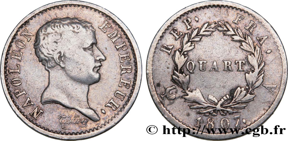 Quart (de franc) Napoléon Empereur, tête de nègre 1807 Paris F.160/1 S25 