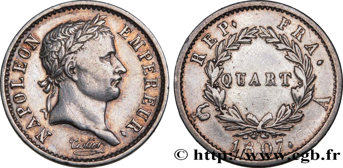Quart (de franc) Napoléon Ier tête laurée, République française 1807 Paris F.161/1 TTB45 
