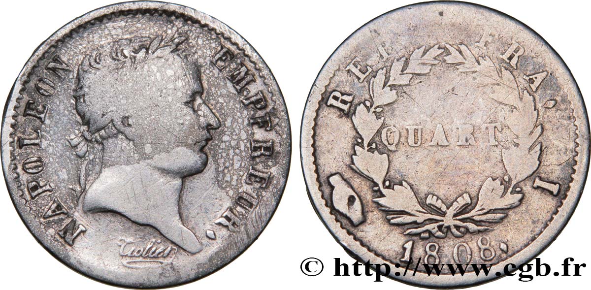 Quart (de franc) Napoléon Ier tête laurée, République française 1808 Limoges F.161/3 RC13 