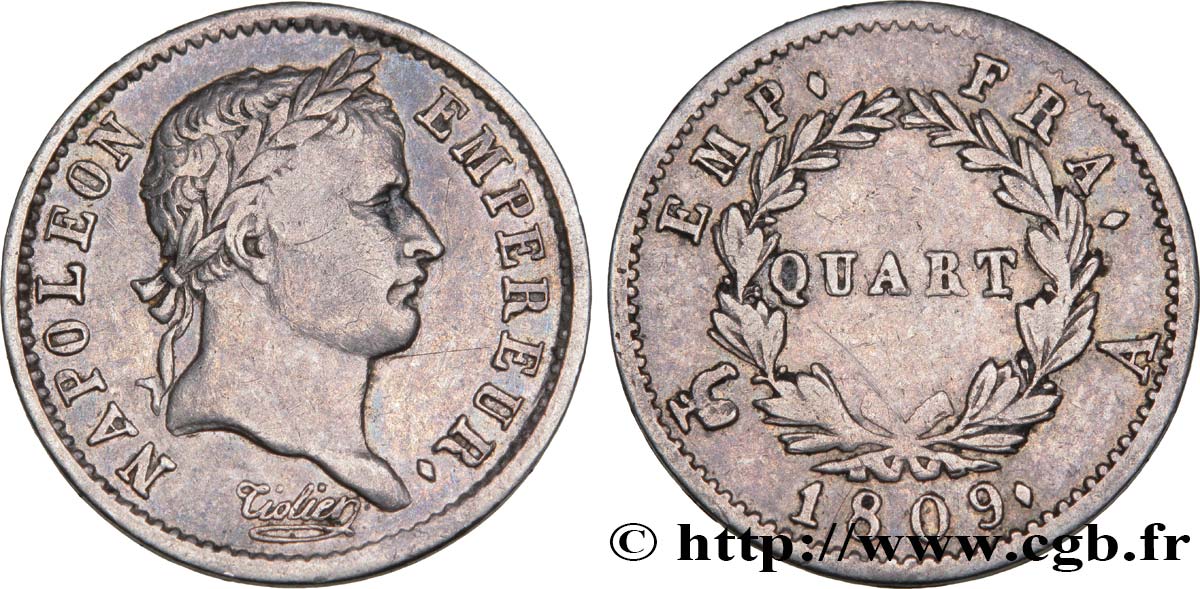 Quart (de franc) Napoléon Ier tête laurée, Empire français 1809 Paris F.162/1 TTB45 