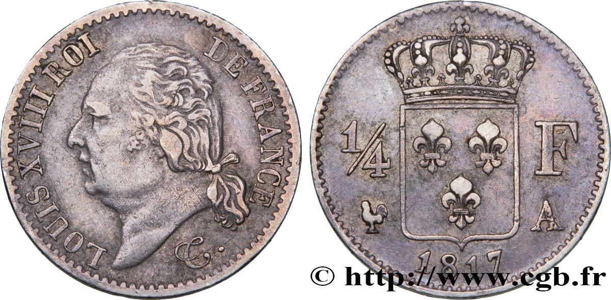 1/4 franc Louis XVIII  1817 Paris F.163/1 TTB48 