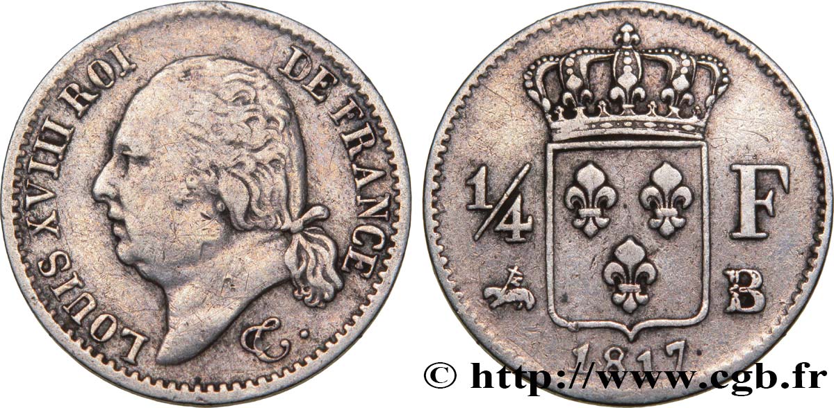 1/4 franc Louis XVIII 1817 Rouen F.163/2 TTB42 