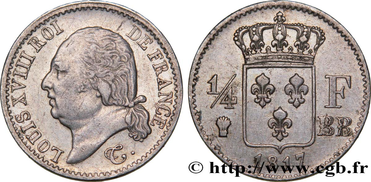 1/4 franc Louis XVIII  1817 Strasbourg F.163/3 XF40 