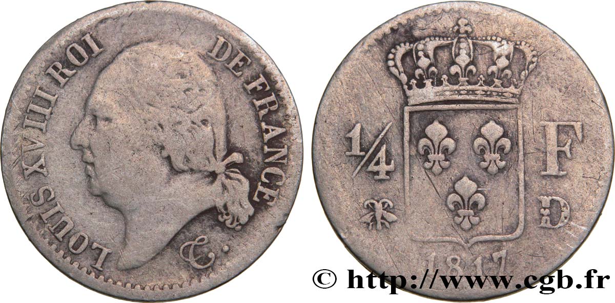 1/4 franc Louis XVIII 1817 Lyon F.163/4 VF23 