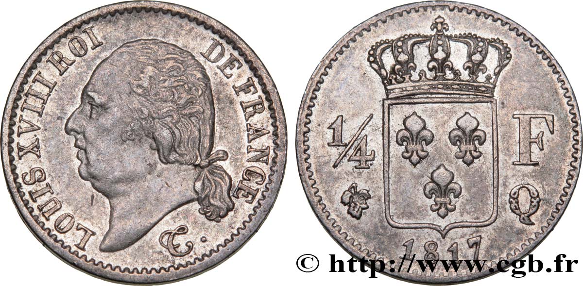 1/4 franc Louis XVIII 1817 Perpignan F.163/9 XF46 