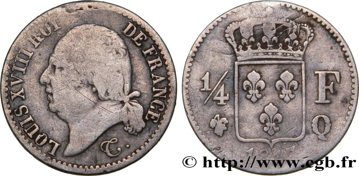 1/4 franc Louis XVIII 1817 Perpignan F.163/9 TB18 