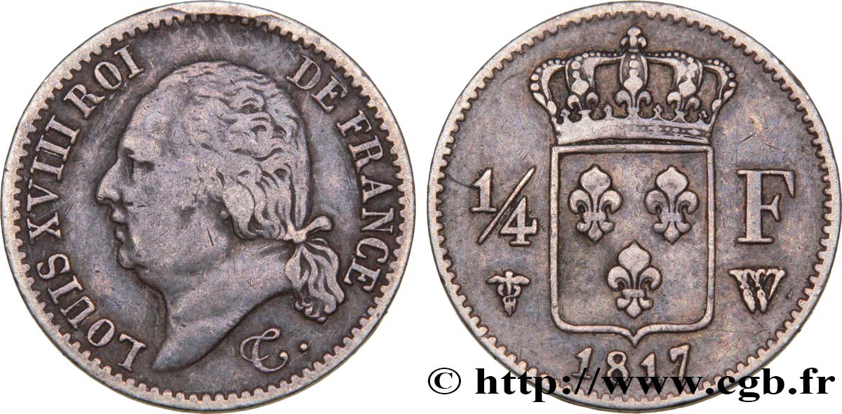 1/4 franc Louis XVIII 1817 Lille F.163/11 MB32 
