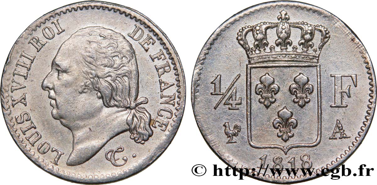 1/4 franc Louis XVIII 1818 Paris F.163/12 TTB53 
