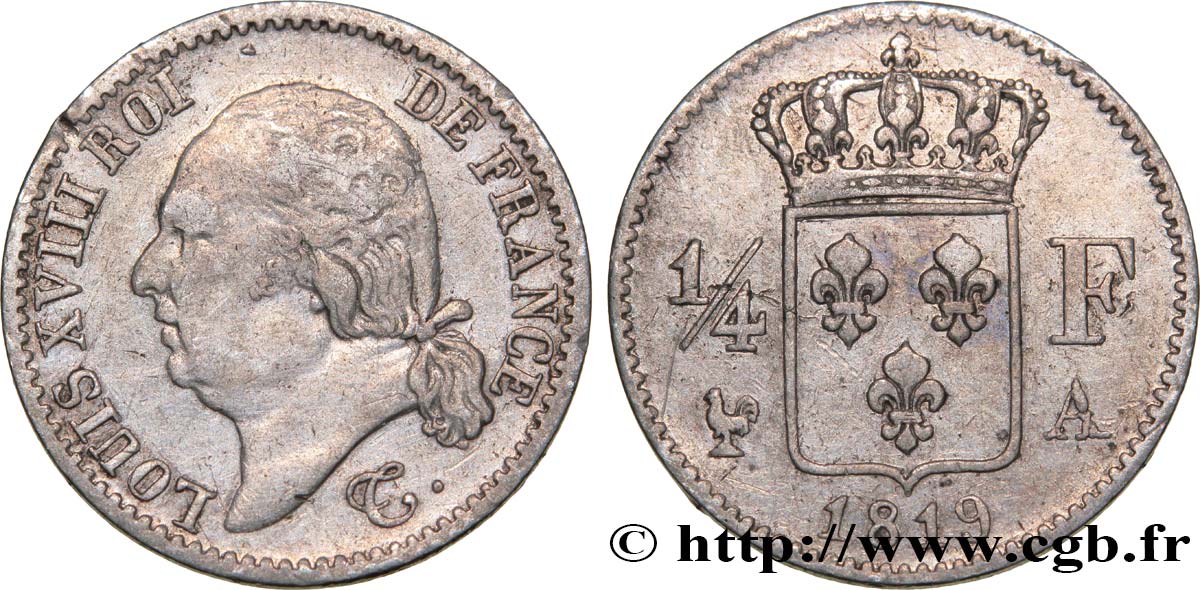 1/4 franc Louis XVIII 1819 Paris F.163/15 SS40 