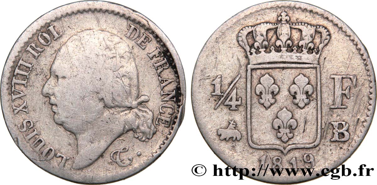 1/4 franc Louis XVIII 1819 Rouen F.163/16 MB18 