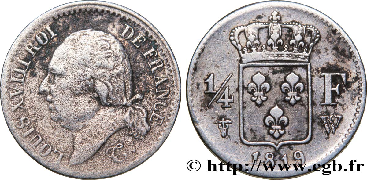 1/4 franc Louis XVIII 1819 Lille F.163/17 TB35 
