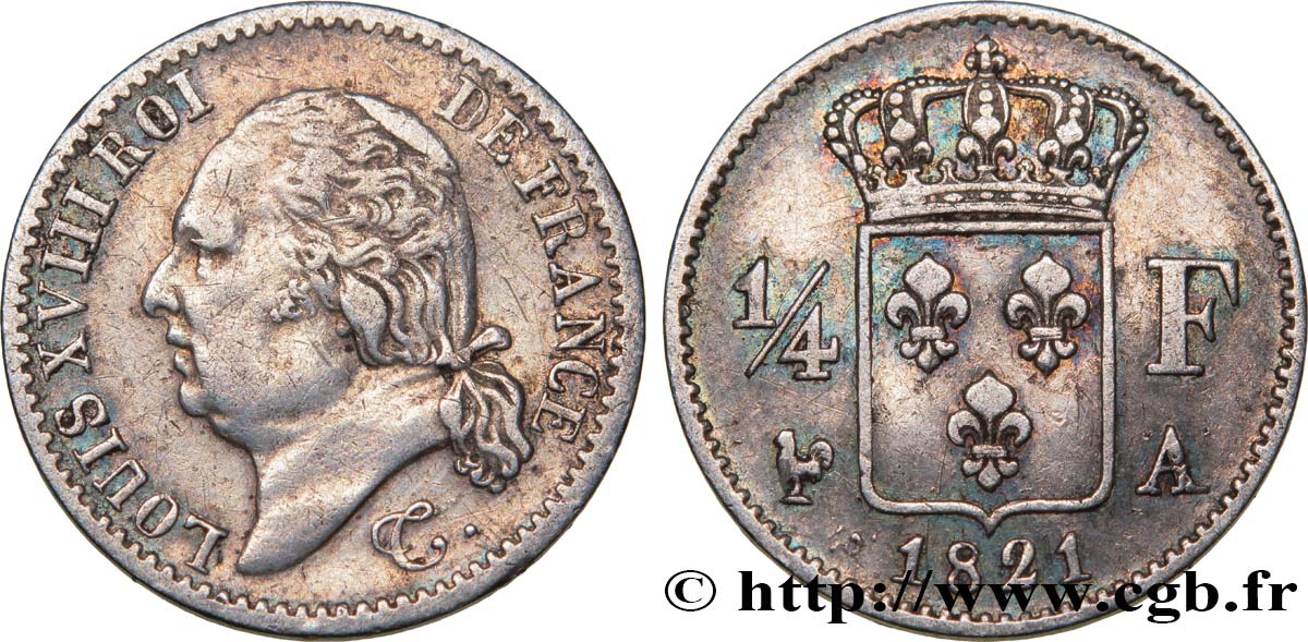1/4 franc Louis XVIII 1821 Paris F.163/20 SS45 