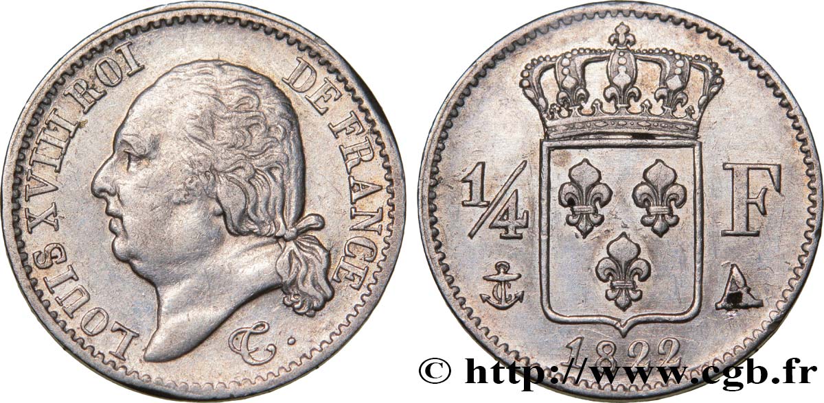 1/4 franc Louis XVIII 1822 Paris F.163/21 MBC48 