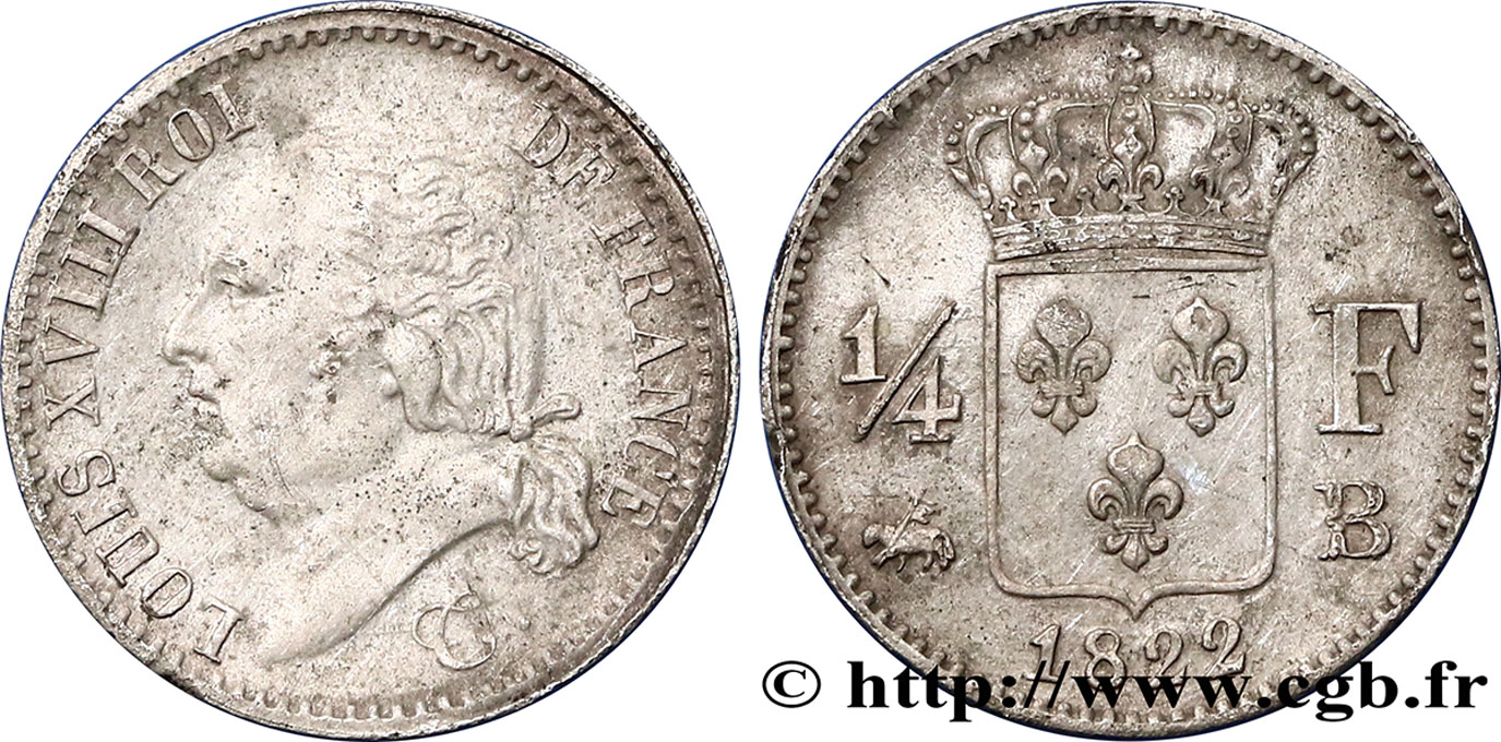 1/4 franc Louis XVIII 1822 Rouen F.163/22 TTB48 