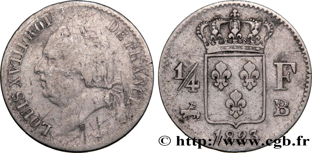 1/4 franc Louis XVIII 1823 Rouen F.163/25 TB20 