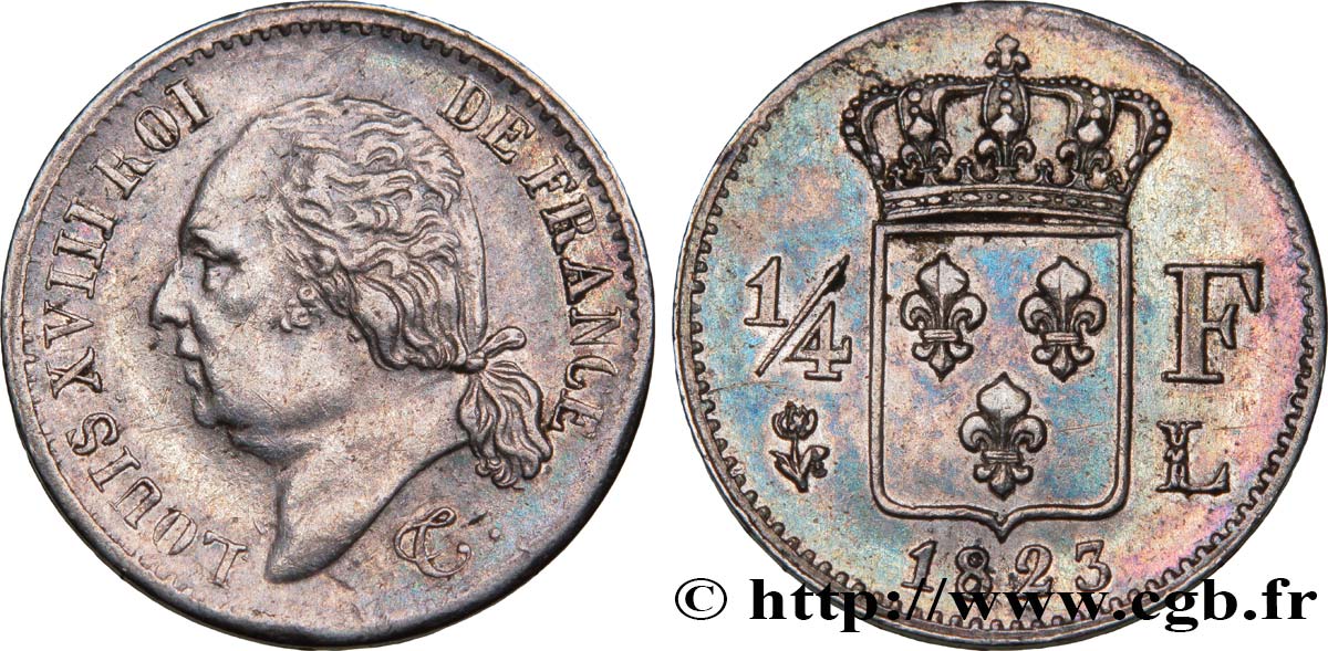 1/4 franc Louis XVIII  1823 Bayonne F.163/27 AU50 