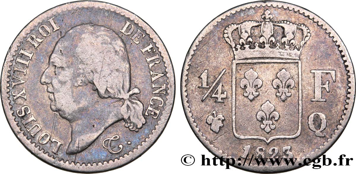 1/4 franc Louis XVIII 1823 Perpignan F.163/29 MB15 