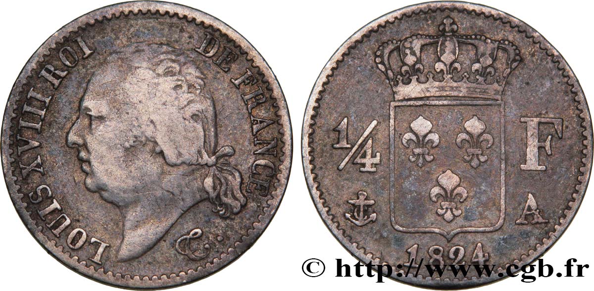 1/4 franc Louis XVIII 1824 Paris F.163/31 S20 
