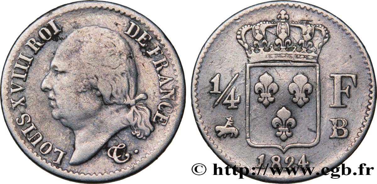 1/4 franc Louis XVIII  1824 Rouen F.163/32 MB20 