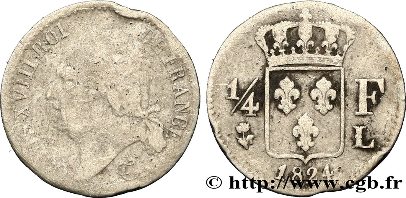 1/4 franc Louis XVIII 1824 Bayonne F.163/33 TB15 