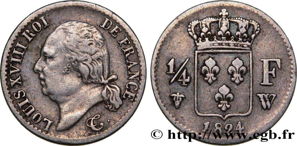 1/4 franc Louis XVIII 1824 Lille F.163/35 TB35 