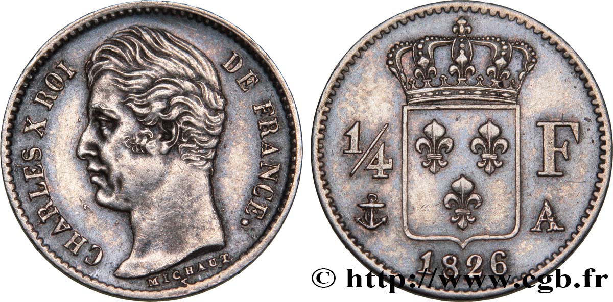 1/4 franc Charles X 1826 Paris F.164/2 AU50 