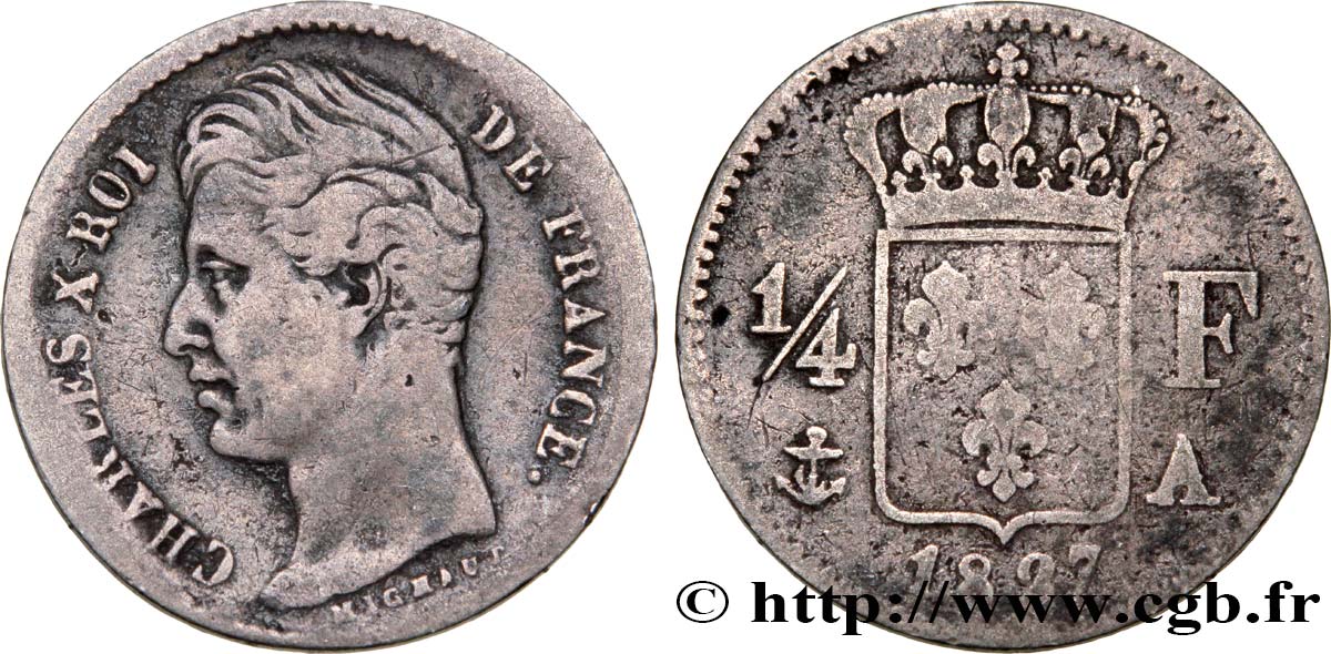 1/4 franc Charles X 1827 Paris F.164/10 TB20 