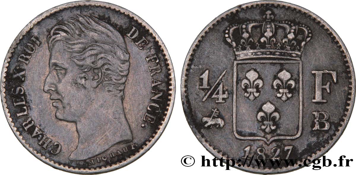 1/4 franc Charles X 1827 Rouen F.164/11 XF45 