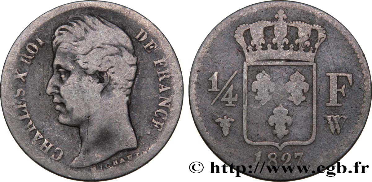 1/4 franc Charles X 1827 Lille F.164/17 SGE8 