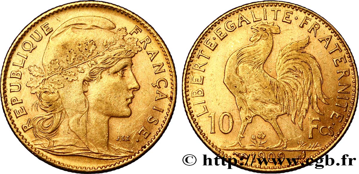 10 francs or Coq 1909 Paris F.509/10 SS48 