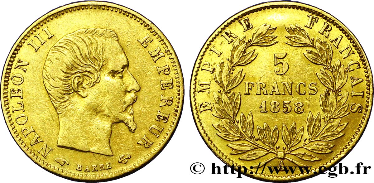 5 francs or Napoléon III, tête nue, grand module 1858 Paris F.501/5 TTB48 