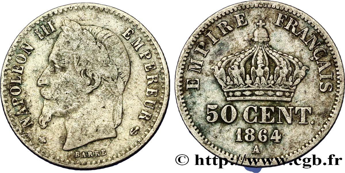 50 centimes Napoléon III, tête laurée 1864 Paris F.188/2 TB30 