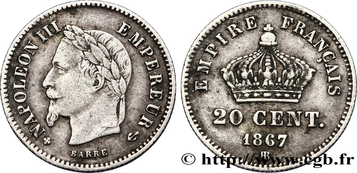 20 centimes Napoléon III, tête laurée, grand module 1867 Strasbourg F.150/2 BB45 