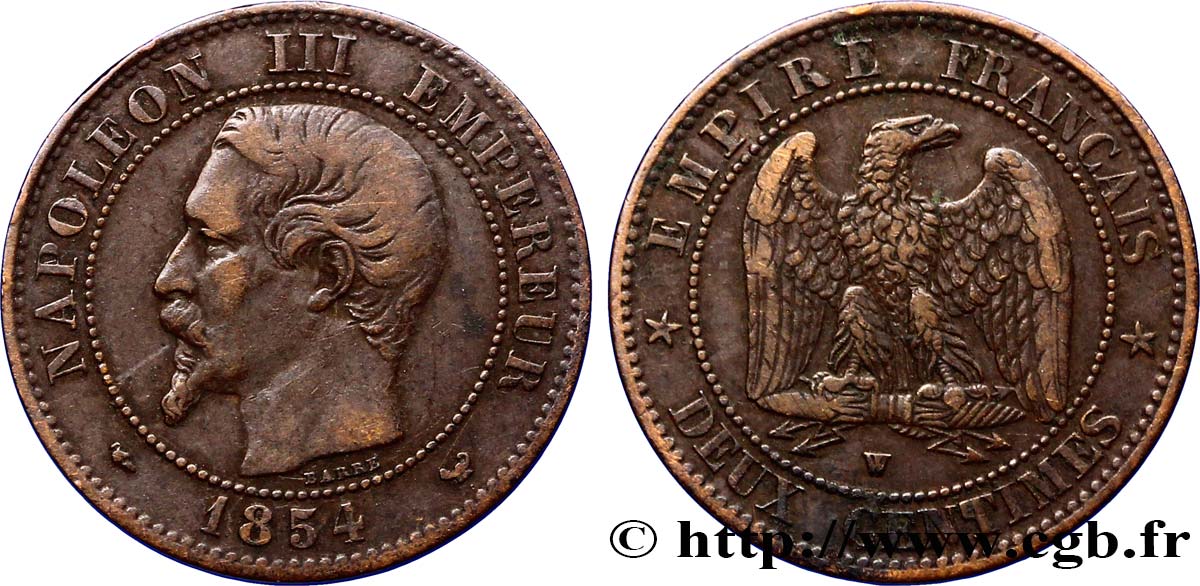 Deux centimes Napoléon III, tête nue 1854 Lille F.107/18 MBC40 