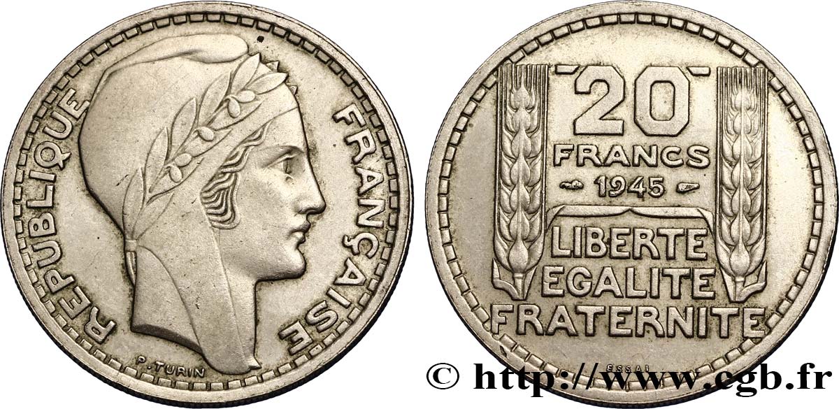 Essai de 20 francs Turin en cupro-nickel, rameaux courts 1945  Maz.2745  TTB50 