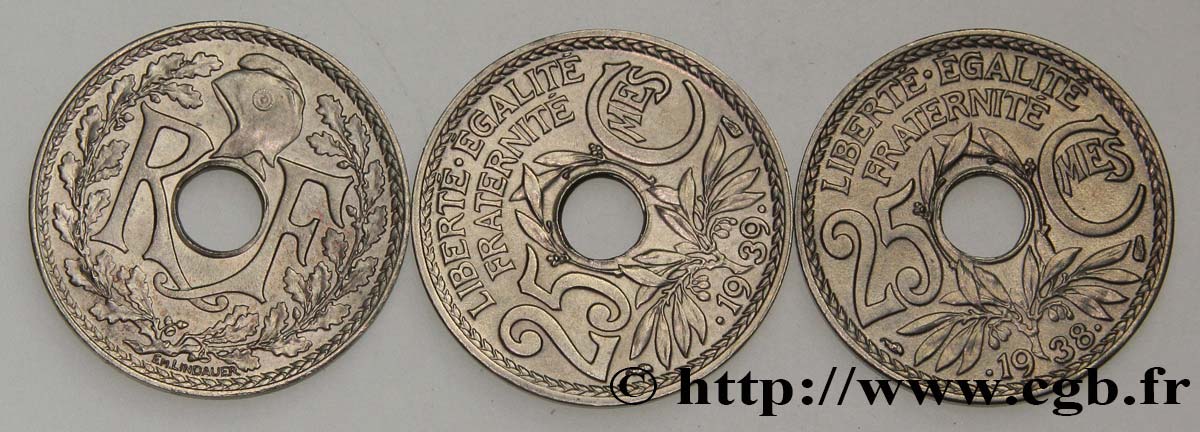 Lot de 3 pièces de 25 centimes Lindauer, maillechort - - F.172/- MBC/MBC+ 