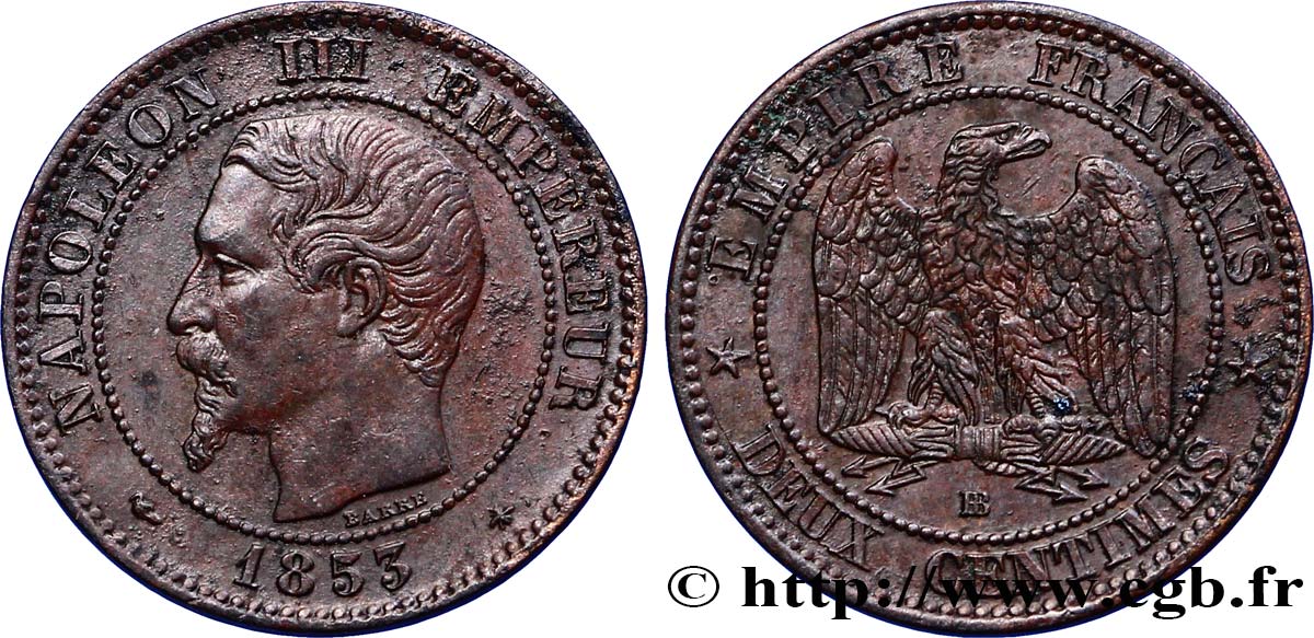 Deux centimes Napoléon III, tête nue 1853 Strasbourg F.107/3 AU50 
