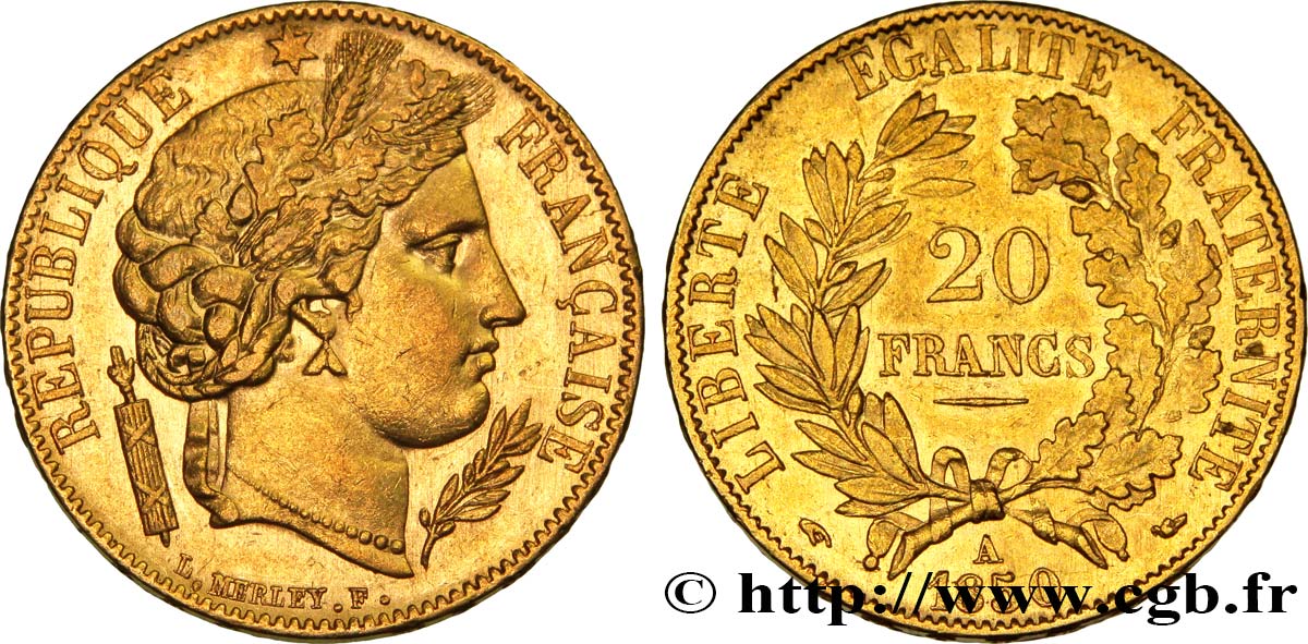 20 francs or Cérès 1850 Paris F.529/2 AU52 