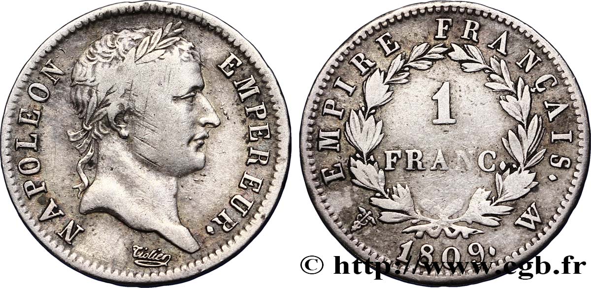 1 franc Napoléon Ier tête laurée, Empire français 1809 Lille F.205/11 MB20 
