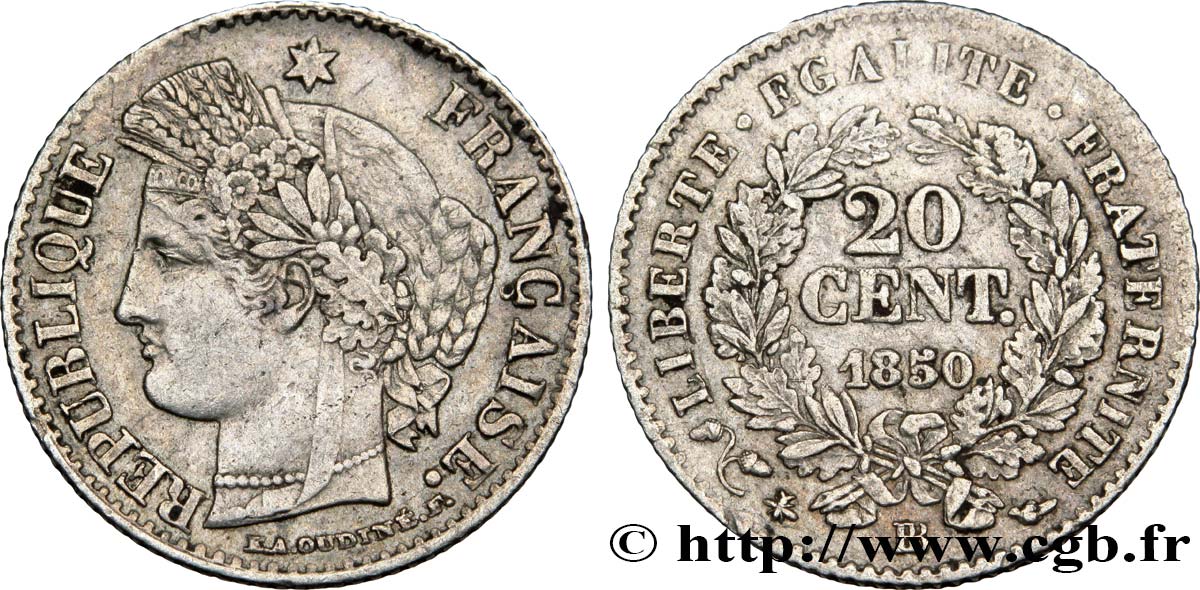 20 centimes Cérès, IIe République 1850 Strasbourg F.146/4 TB35 