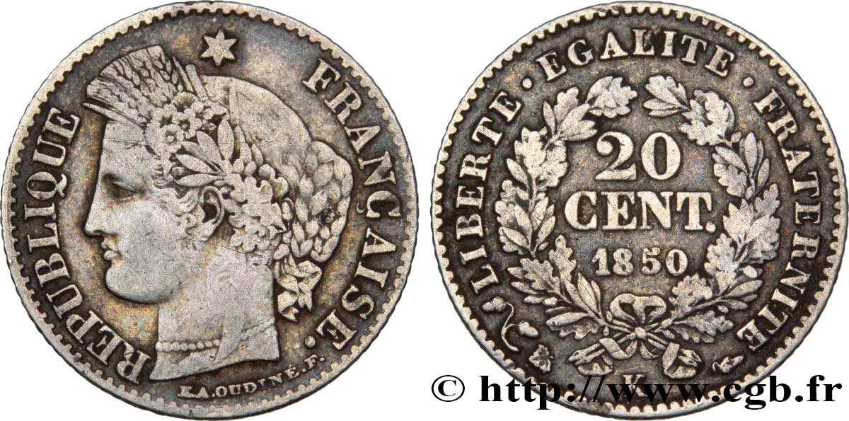 20 centimes Cérès, IIe République 1850 Bordeaux F.146/5 TB20 