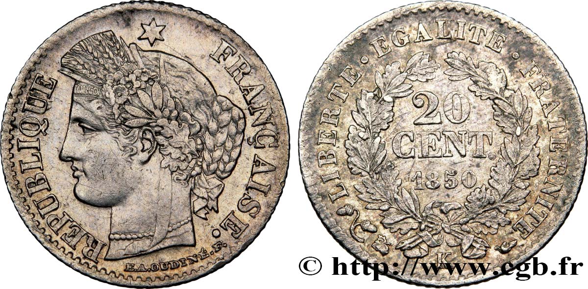 20 centimes Cérès, IIe République 1850 Bordeaux F.146/6 XF45 
