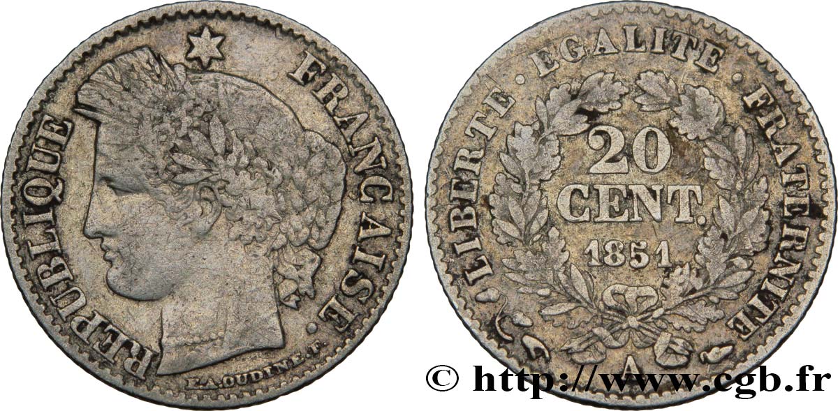 20 centimes Cérès, IIe République 1851 Paris F.146/7 BC30 