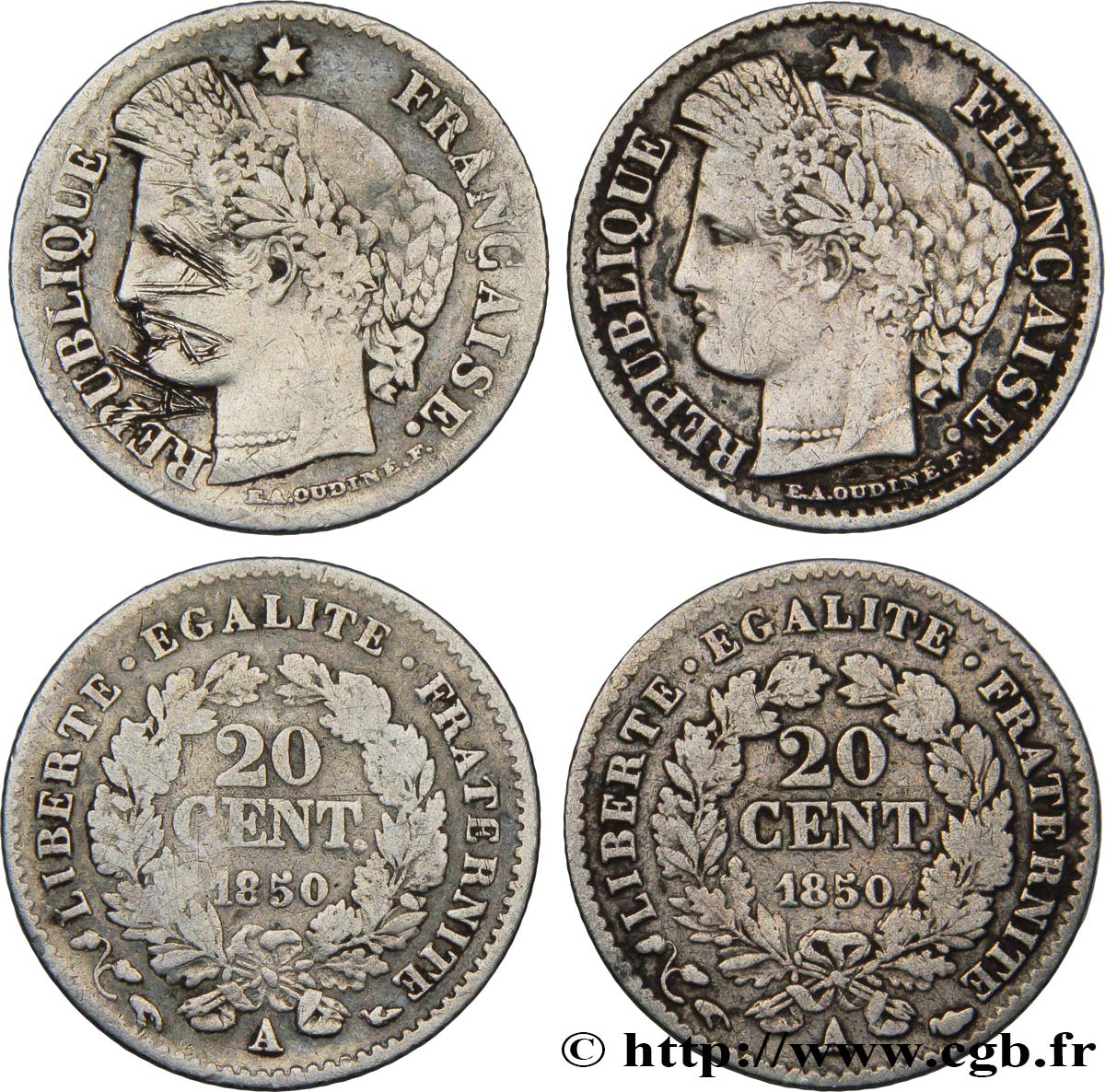 Lot de 2 pièces de 20 centimes Cérès, IIe République 1850 Paris F.146/- B/MB 