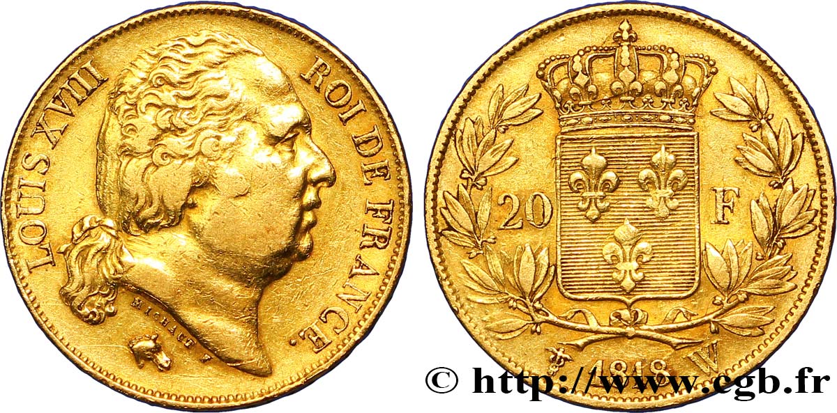 20 francs or Louis XVIII, tête nue 1818 Lille F.519/14 TTB48 