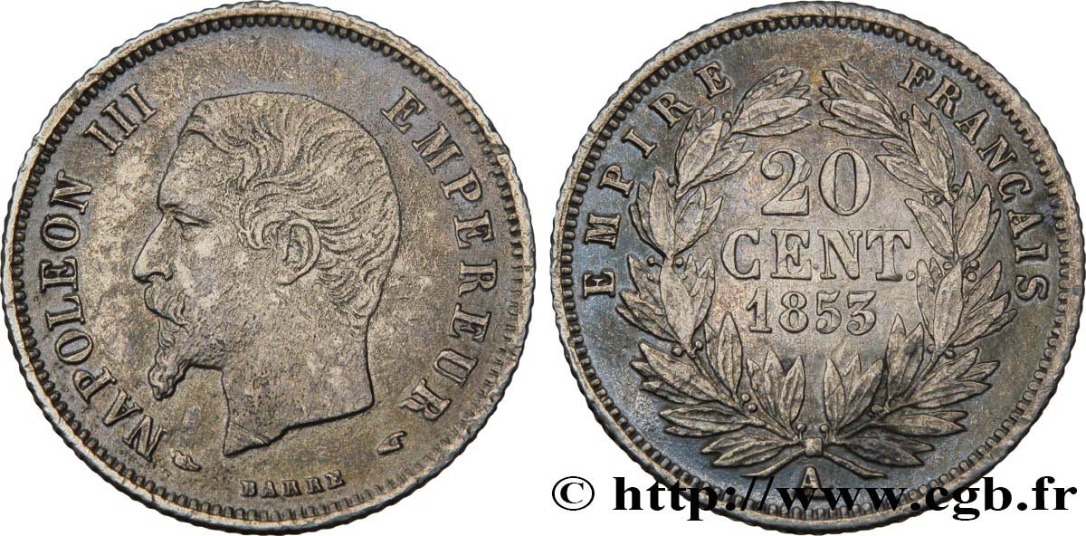 20 centimes Napoléon III, tête nue 1853 Paris F.148/1 XF45 